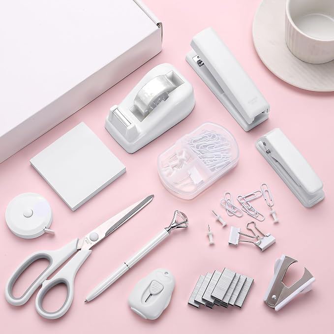 White Desk Accessory Kit Cute Office Supplies Set Desktop Stapler Set Includes Staple Remover Hole Punch Tape Dispenser Ballpoint Pen Scissor Mini Box Cutter Tape Measure Paper Clips Sticky Notes