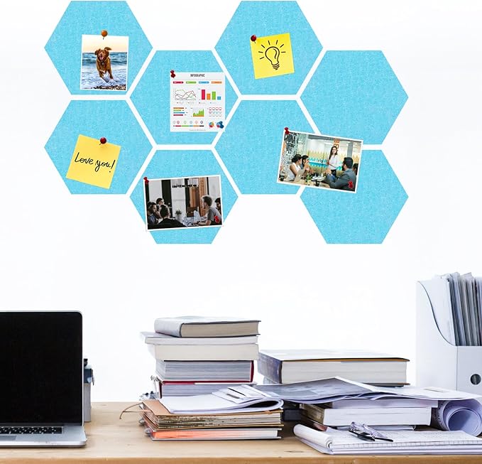 Large Hexagon Felt Cork Board Tiles, Self Adhesive DIY Felt Bulletin Board Pin Board with 35 Pushpins for Office School Home Wall Decor Stickers Memos Photos Display(Sky Blue)