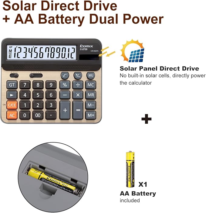 Comix Desktop Calculator, 12 Digits Large Desk Calculator, Gold, 2 Pack | Solar Battery Dual Power, 5 Inch Large LCD Display, Computer Keys, 4 Function Basic Calculator Office Business Home Use