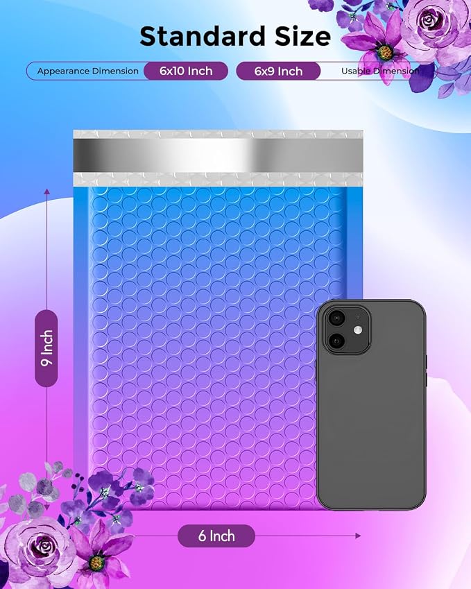 Metronic Bubble Mailers 6x10 Inch 100 Pack BluePurple Gradient | Usable Size 6x9" Pretty Padded Envelopes WaterproofSeal Seal Bubble Envelopes for Gift Packaging, Mailing, Bulk