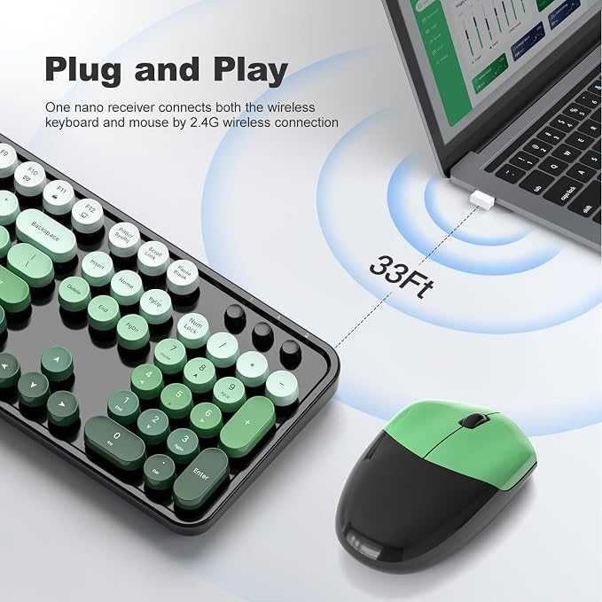 MOFII Wireless Keyboard and Mouse Combo, Full Size 2.4G Plug and Play Typewriter Retro Round Computer Keyboard and Mouse Set for Windows, Computer, Desktop, PC, Notebook - (Black Green Gradient)