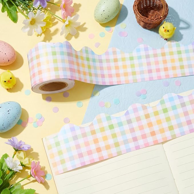 32.8 Ft Pastel Gingham Bulletin Borders Classroom Scalloped Trim | Rainbow Pastel Scalloped Trim, Classroom Office Borders, Easy Cut Adhesive Backing for Bulletin Display Party Decorations