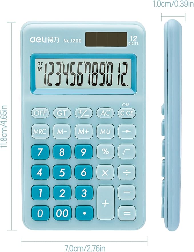 Deli Standard Function Basic Calculator, 12 Digit Desktop Calculator with Large LCD Display, Solar Battery Dual Power Office Calculators, Blue