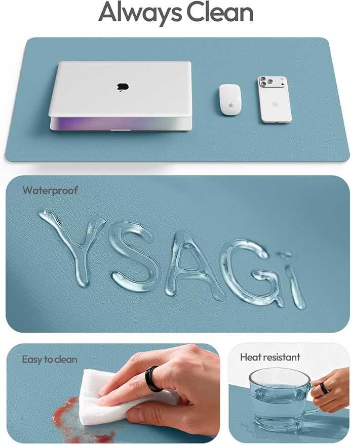 YSAGi Desk Protector&Blotter, Non-Slip Waterproof Leather Mouse Pad | Shields Scratches, Stains, Spills, Heat & Scuffs; Suede Non-Slip; Easy-Clean; Comfy Writing/Typing, 31.5" x 15.8",Aquamarine