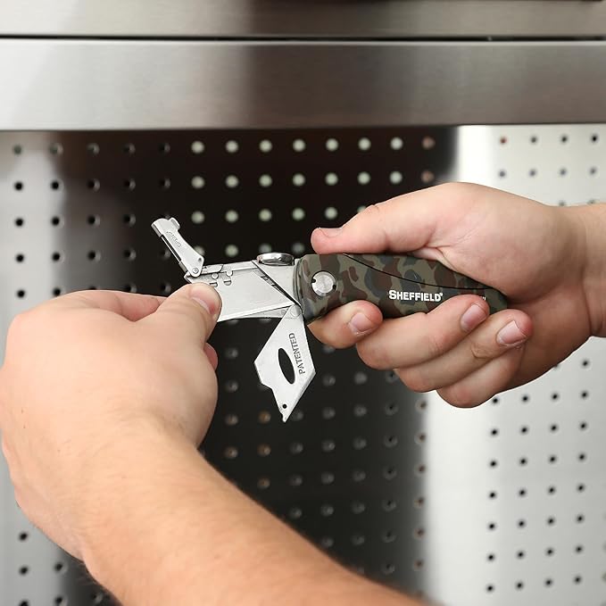 Sheffield Folding Utility Knife, Accepts Standard Utility Knife Blades, Box Cutter, Razor Blades Included, For Home, Office, Trades, and Warehouse