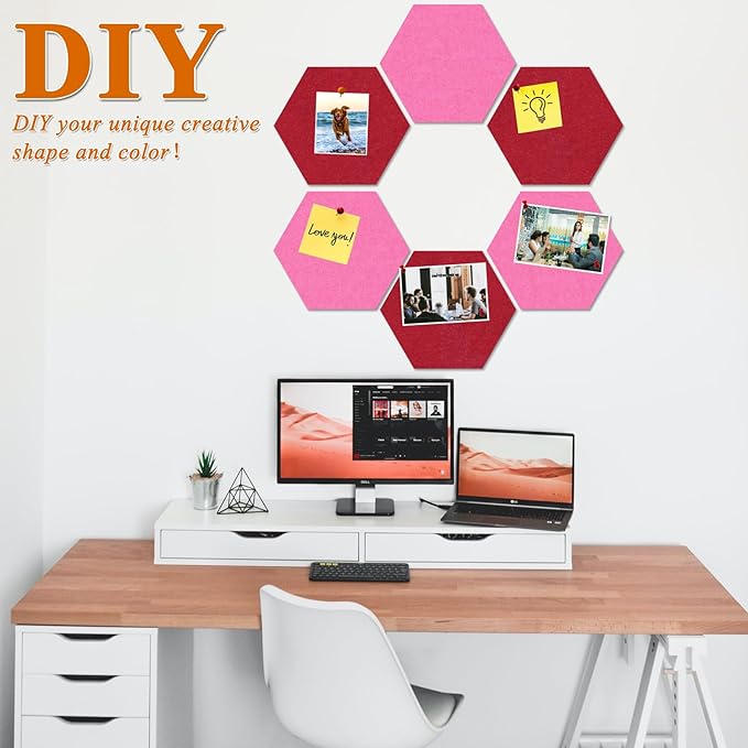 Large Hexagon Felt Cork Board Tiles, Self Adhesive DIY Felt Bulletin Board Pin Board with 35 Pushpins for Office School Home Wall Decor Stickers Memos Photos Display(Red+Pink)