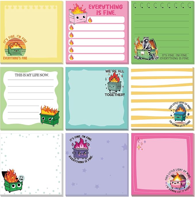 9 Pads Dumpster Fire Sticky Notes, 3x3 Inch Cute Stick Notepads | Adhesive Memo Notes Pad, Coworker Gifts, Office Supplies Decor, Desk Accessories for Students, Teacher, Meeting