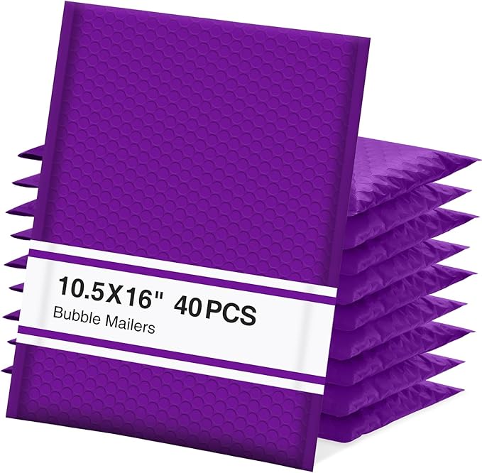 UCGOU Bubble Mailers 10.5x16 Inch 40 Pack Usable Size 10.5x15 Inch Large Padded Envelopes Purple Waterproof Packaging Bags for Shipping Self Seal Strong Adhesion Envelopes for Jewelry Makeup Supplies