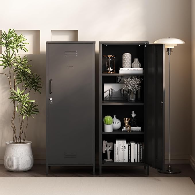 Metal Locker Storage Cabinet with Adjustable Shelves, 59" H Black Locking Tool File Cabinets Kids Snack Locker Organizer for School Classroom,Gym Home Office,Entryway and Hallway