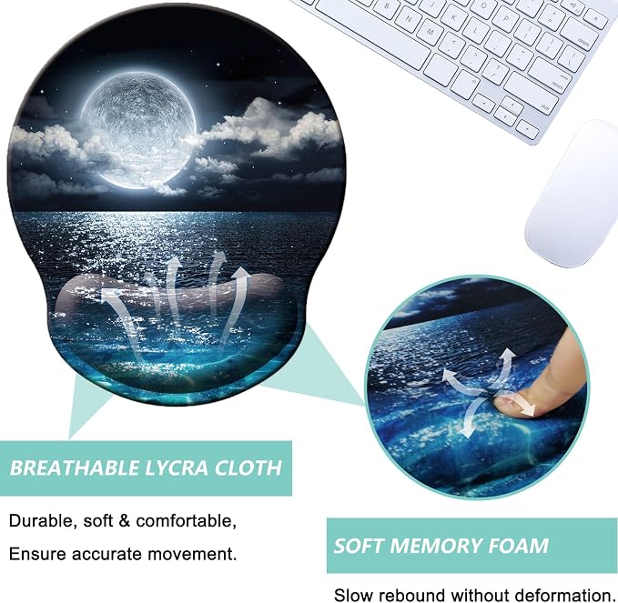 Mouse Pad with Wrist Support, Ergonomic Mouse Pad with Memory Foam Wrist Rest Cushion, Non-Slip Rubber Base Gaming Mice Pad for Home Office Computer Laptop, Moonlit Night