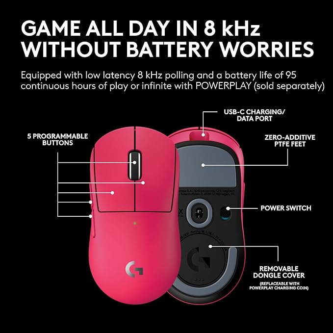 Pro X Superlight 2c Wireless Gaming Mouse: 51g Compact Mini Size, Symmetrical Shape, <8 kHz Polling, 44K DPI, PowerPlay Wireless Charging Supported, USB-C, 5 Programmable Buttons, For PC/Mac - Magenta