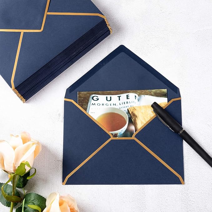 50 Pack A4 Envelopes Navy Blue 4x6 with Gold Border, 4.25x6.25 | Self-Adhesive, V Flap, For Wedding, Graduation, Baby Shower, Parties, Invitations