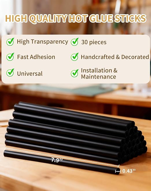 Black Full Size Hot Glue Sticks(30 Pcs),7.9" x 0.43" Glue Gun Sticks | Perfect for Full Size Hot Glue Gun,Easily Create and Bond Crafts on Wood,Plastic,Glass,Flowers,Fabrics,Foam,Jewellery