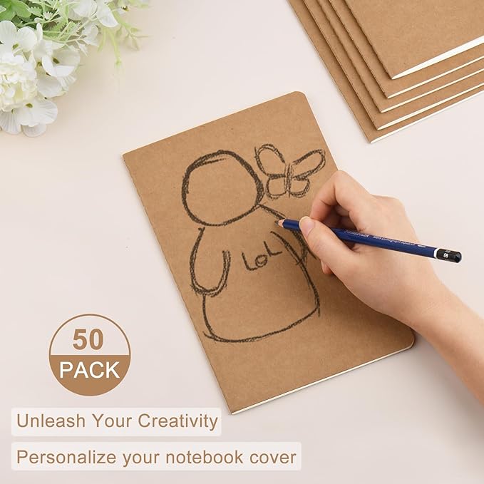 ZCZN 50 Pack A5 Kraft Notebooks Bulk, 8.15x5.5 Inches Lined Paper Journaling Notebooks, Notebooks for Work, Composition Notebooks for School, Journal Notebooks for Office, 60 Pages