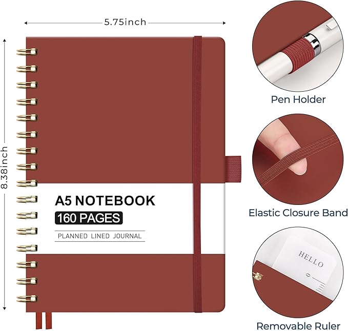 AHGXG Spiral Journal Notebook, 160 Lined Pages, A5 Medium Size (5.7'' x 8.3''), for Men & Women, Journaling, Writing, Work & Office, Hardcover, 100 GSM Thick Paper (Burgundy)