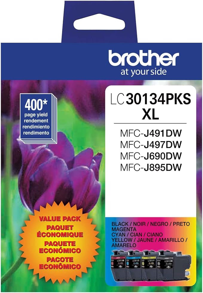 Brother Genuine LC30134PKS High-Yield Color Ink Cartridges, 4-Pack, Up to 400 Pages per Cartridge, Includes Black, Cyan, Magenta and Yellow