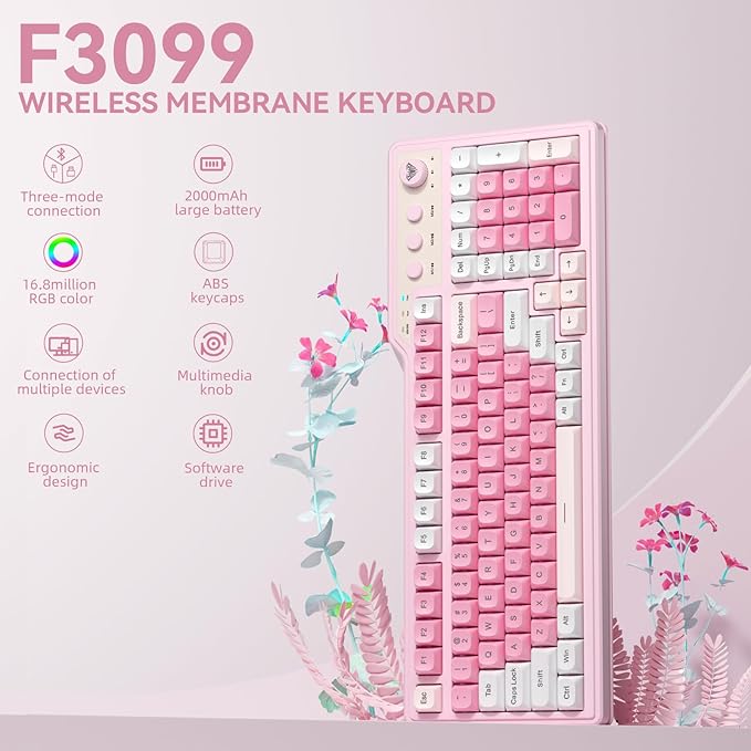 Aula F3099 Wireless Keyboard with Media Knob, Tri-Mode BT5.0/2.4GHz/USB-C Cute Creamy Keyboard with Number Pad, RGB Backlit Gaming Keyboard, Quiet Typing Pink Computer Keyboards for Office Laptop/PC
