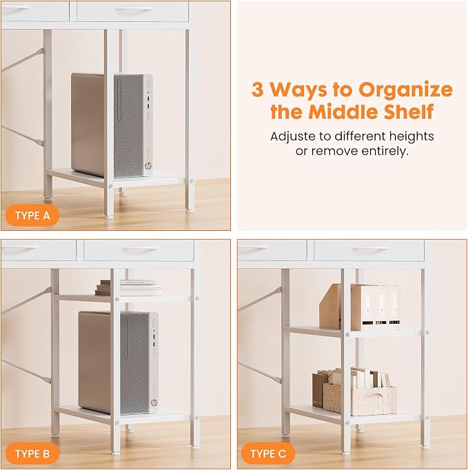 Sweetcrispy 55" Computer Desk with 6 Fabric Drawers & Storage Shelves | Reversible Gaming Desk, Office Desk, Computer Workstation, Corner Desk with Storage, Home Office, Living Room, White