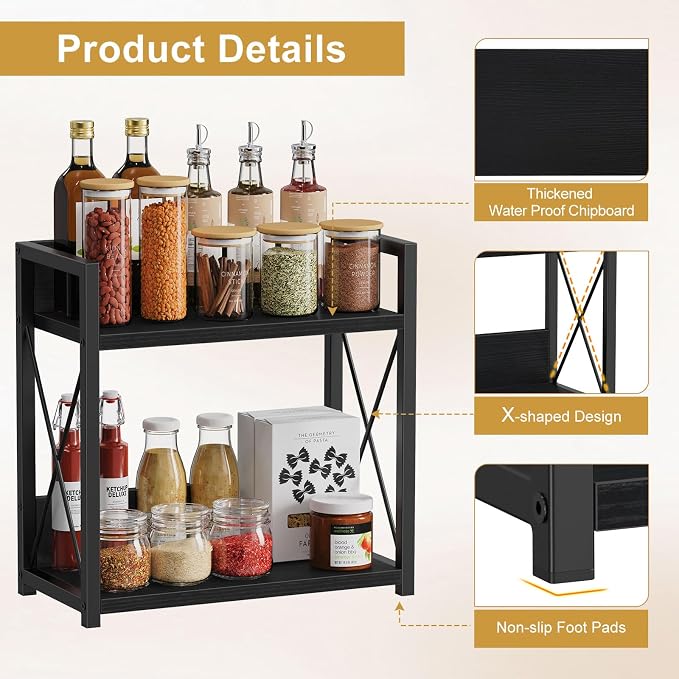 Giikin Kitchen Countertop Organizer, 2 Tier Coffee Bar Organizer, Black Spice Rack for Counter, Kitchen Counter Shelves, Particleboard,15.8" L x 7.9" W x 15.8" H (Black, L)