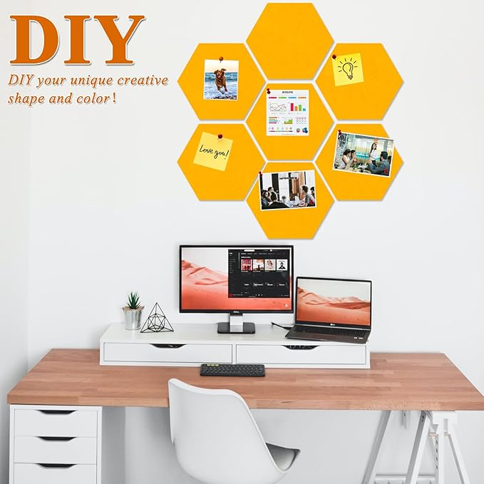 Large Hexagon Felt Cork Board Tiles, Self Adhesive DIY Felt Bulletin Board Pin Board with 35 Pushpins for Office School Home Wall Decor Stickers Memos Photos Display(Light Orange)