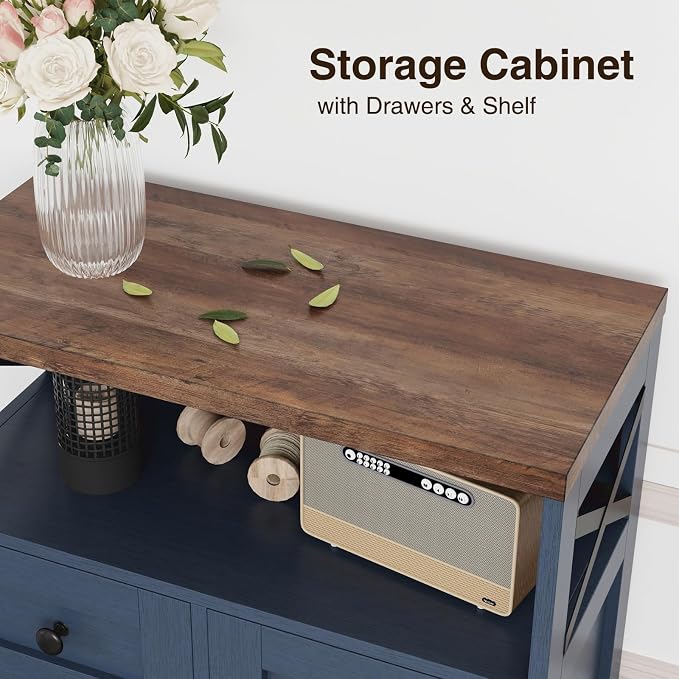 Farmhouse Storage Cabinet with Drawers, Small Kitchen Pantry Cabinet, Blue | Accent Coffee Bar Cabinet Cupboard, 2 Drawers, 2 Barn Doors & Adjustable Shelves, for Kitchen/Entryway/Living Room/Bathroom
