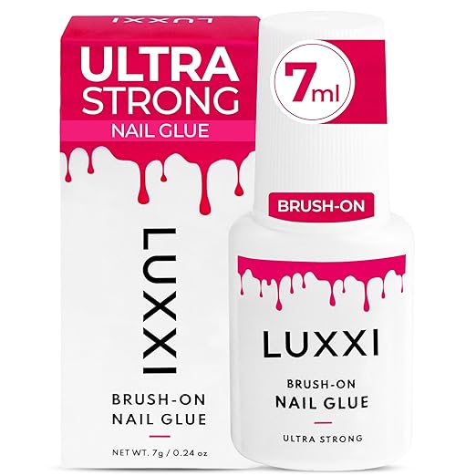 LUXXI Brush On Nail Glue for Press On Nails - Precision Applicator, Quick Air Dry Adhesive for Nail Tips, Artificial & Acrylic, Long Wear Hold, No Uv Lamp Needed | Pink Gel - 0.24oz