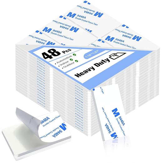 White Double Sided Adhesive Pads,Heavy Duty Mounting Tape,48Pcs 3mm Thickness Pre-Cut Foam Tape,Super-Sticky Black Strong Pads Rectangle Shape Waterproof for Walls Picture, Car, Home, Office