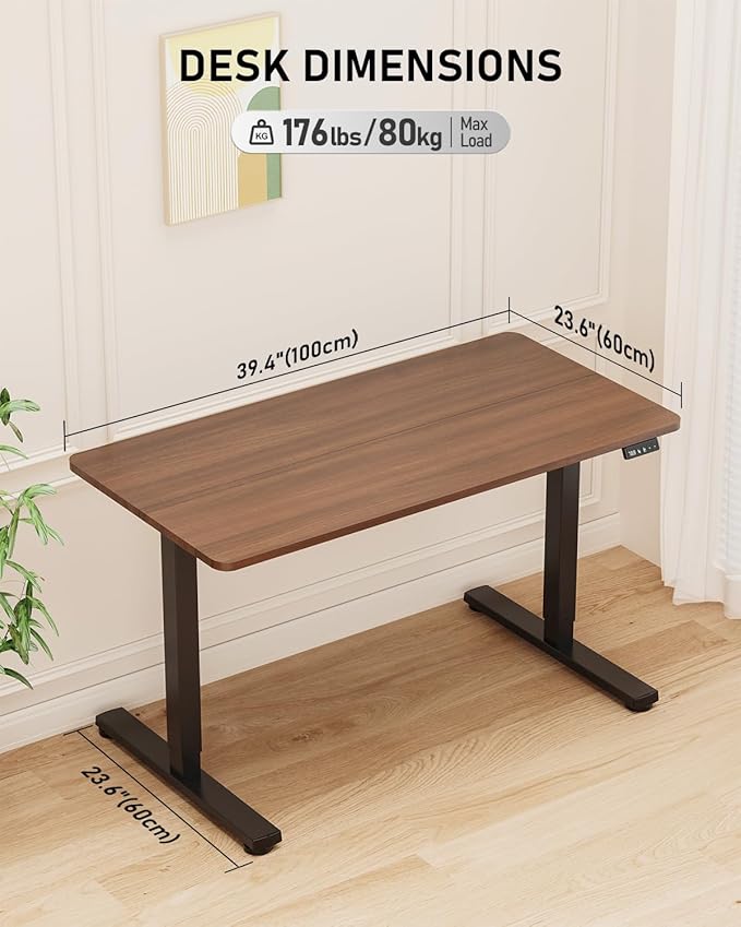 Standing Desk, Small Height Adjustable Electric Stand up Desk, 40" x 24" Sit Stand Computer Home Office Desk with Splice Board, Black Frame/Walnut Top