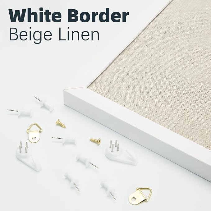 OWLKELA Linen Cork Bulletin Board, 17"x23" | White Frame, with 10 Pushpins, Ideal for School, Home & Office
