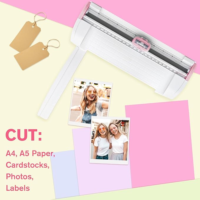 Meafeng 3-in-1 Paper Trimmer with Straight, Scoring & Perforating Blades, 9" A5 Cutter for Crafting, Scrapbooking, Cardstock, Labels & Home Office Use – Compact & Portable (Pink)