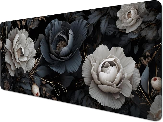 Black and White Mouse Pad,Floral Mouse Pad Desk Mat,Large Mousepad | Stitched Edges Rubber Non-slip Girls Office Study XL Long Extended for Computer Keyboard Laptop PC