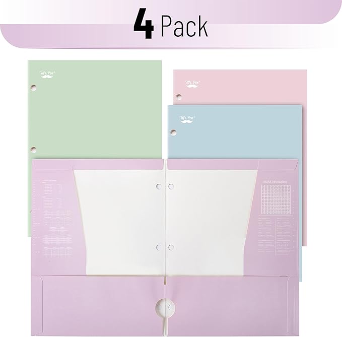 Mr. Pen- Pocket Folders, 4 Pocket, 8 Pack, Pastel Colors, Folders with Pockets 3 Hole Punched, Folder, Binder Folder