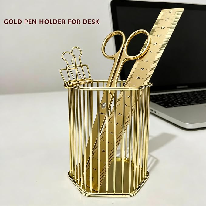Gold Metal Pen Holder for Desk - Heavy Duty Makeup Brush Organizer Cup with, Pencil Holder for Office & Home, Storage for Stationery/Cosmetics/Art Supplies, Matte Finish, 4.8 Inch (Hexagon)