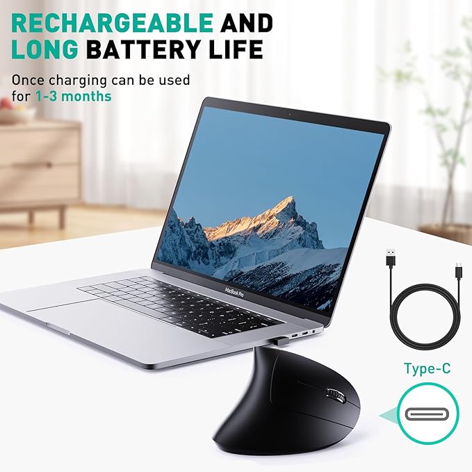 Bluetooth+USB A+USB C(3 in 1)Rechargeable Ergonomic Mouse, Wireless Vertical Design, 5 Adjustable Levels Up to 4800 DPI, 2.4G Carpal Tunnel Silent Mice for PC,Laptop,MacBook,Chromebook-Black