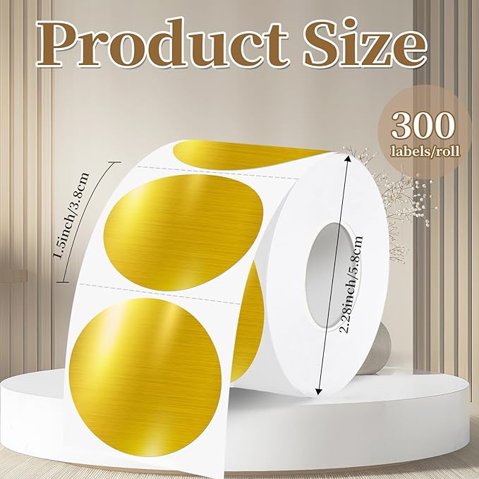 1.5 Inch Thermal Labels,Holographic Circle Direct Thermal Stickers,for Address Design DIY Logo Business(300 pcs/Brushed Gold)