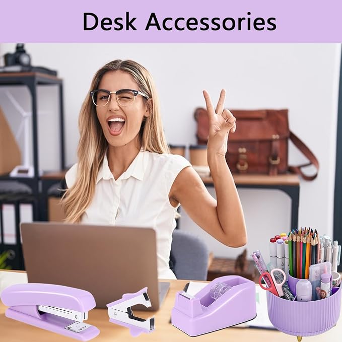 Office Supplies,Purple Desk Accessories,Office Supplies Set,Desk Organizer,Stapler,Tape Dispenser,Scissors,Staple Remover,Binder Clips,Staples,Ballpoint Pen,Index Tabs with Ruler,Clear Tape.10pcs