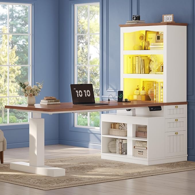 Farmhouse Standing Desk Adjustable Height with 3-Tier Bookcase, 55" Executive Electric Office Desk, Sit Stand Computer Desk with Storage Shelves, File Drawers, Power Outlets, Led Light, White+Walnut