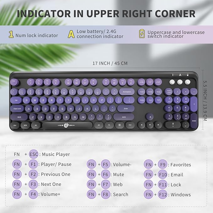 Wireless Keyboard and Mouse Combo, 104 Keys Full-Sized 2.4 GHz Round Keycap Colorful Keyboards, USB Receiver Plug and Play, for Windows, Mac, PC, Laptop, Desktop (Black Purple)