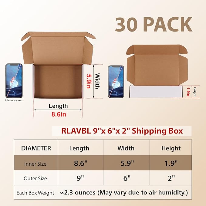 RLAVBL 30 Pack 9x6x2 Shipping Boxes, White Corrugated Cardboard Mailer Box for Packing Mailing Small Business