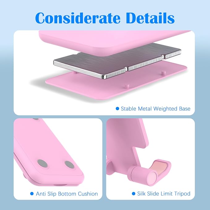 Cell Phone Stand, Adjustable Angle and Height Cell Phone Holder for Desk, Foldable and Portable, Anti-Slip Silicone Pad, Compatible with All Mobile Phones and 4-8 Inch Devices (Black&White&Pink)