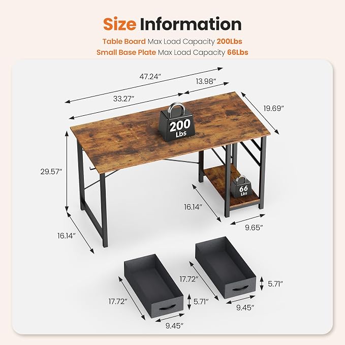 Sweetcrispy 47-Inch Computer Desk with Drawers, Office Desk, Brown | Small Desk for Bedroom Home Office with Side Hook, Modern Simple Desk with Storage for Writing