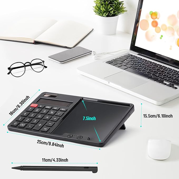 Calculator with Writing Pad - Solar & Battery Dual Power Supply - 12-Digit Large Display Calculator for Business and Office Use (Black)