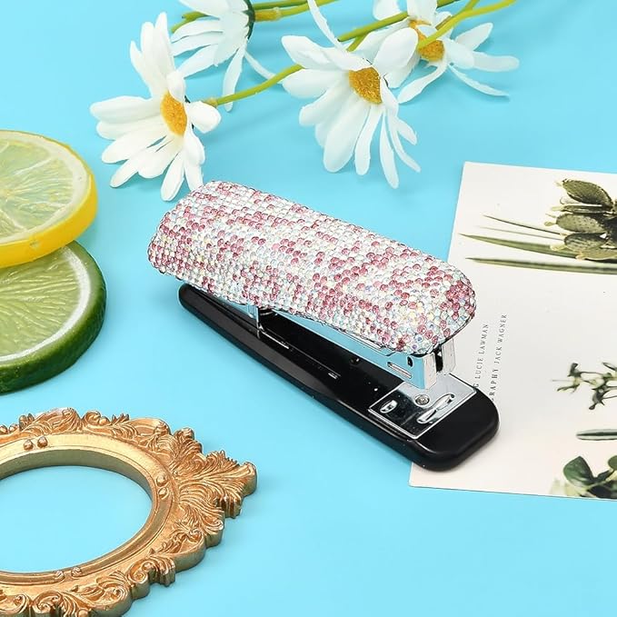 Bling Rhinestone Stapler, Sparkly Diamond Staplers, Cute Desk Stapler for Women & Girls, Bling Crystal Machine Pretty Office Stationery Kit (Pink with AB Color Plated, Large)