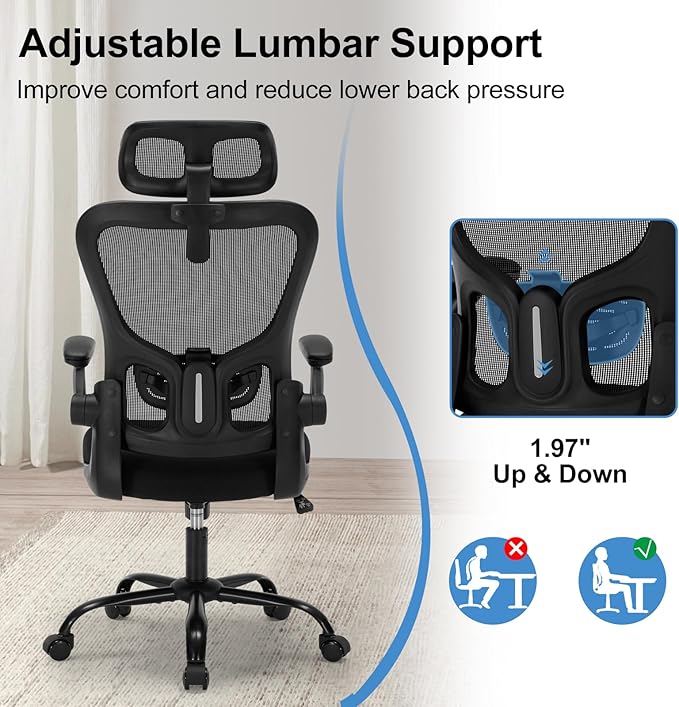 Office Chair Ergonomic Desk High Back Mesh Chair with Adjustable Lumbar Support & Headrest, Flip-Up Armrests, 300lbs Capacity Swivel Computer Chair for Home Office, Black