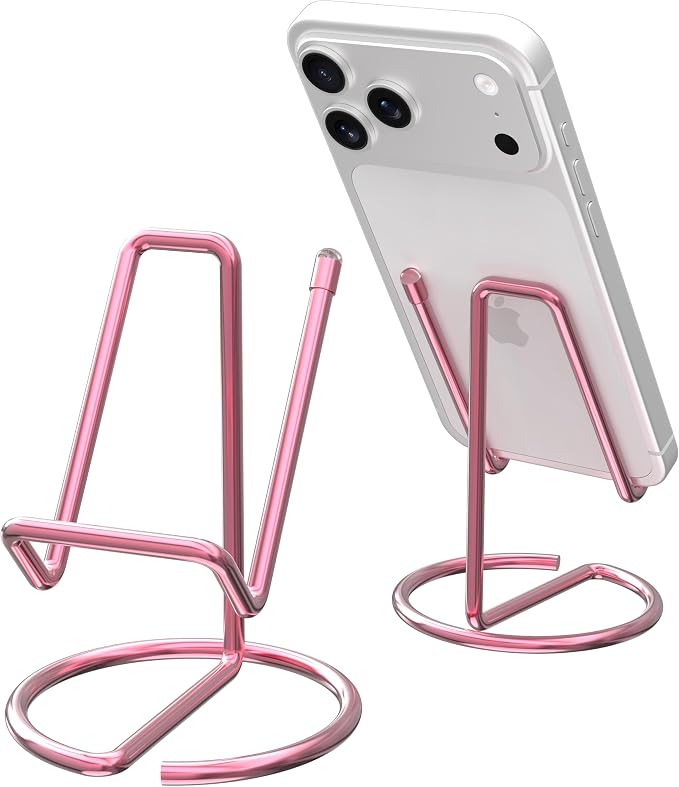 Metal Cell Phone Stand for Desk, Cute One-Piece Phone Holder, Stable Desktop Display Dock for iPhone, iPad, Samsung, Tablets & All Mobile Phones, Pink