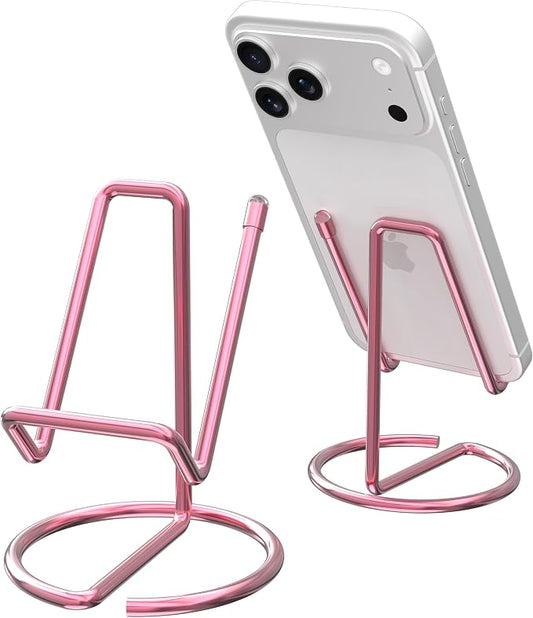 Metal Cell Phone Stand for Desk, Cute One-Piece Phone Holder, Stable Desktop Display Dock for iPhone, iPad, Samsung, Tablets & All Mobile Phones, Pink