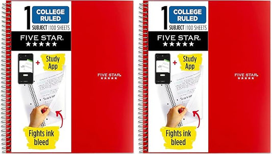 Five Star Spiral Notebook Plus Study App, 1 Subject, College Ruled Paper, 100 Sheets, 8-1/2" x 11", Fire Red (72053) (Pack of 2)