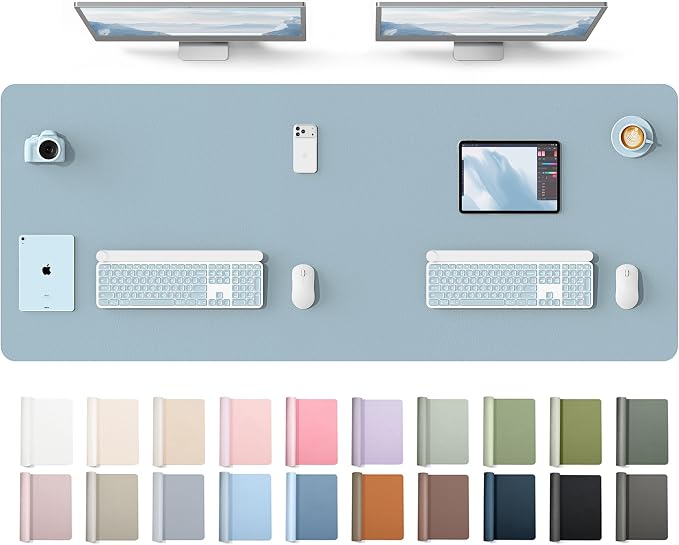 YSAGi Leather Desk Protector, Office Mat, Large Mouse Mat, Non-Slip PU Leather Blotter, Laptop Desk Mat, Waterproof Writing Pad for Office and Home(Ice Blue, 63" x 24")
