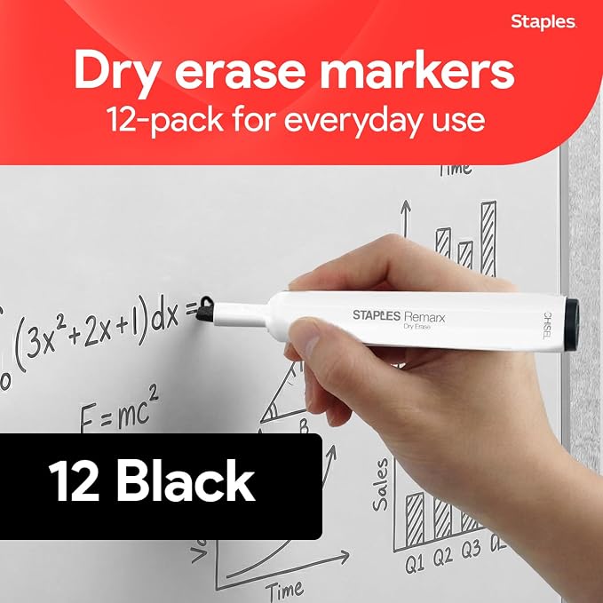 Staples Remarx Low Odor Dry Erase Markers, Chisel Tip, Black, 12-Pk | Bold whiteboard markers for office, classroom, and meeting room use.