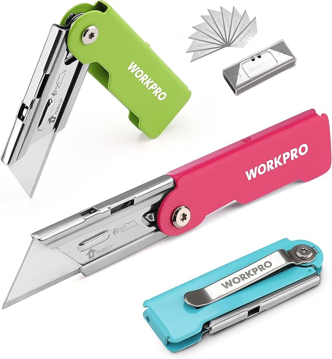 WORKPRO 3-Pack Folding Utility Knife Set | Quick Change Blade Box Cutter, Razor Knife with Belt Clip, 10 Extra SK5 Blades for Cartons, Cardboard and Boxes